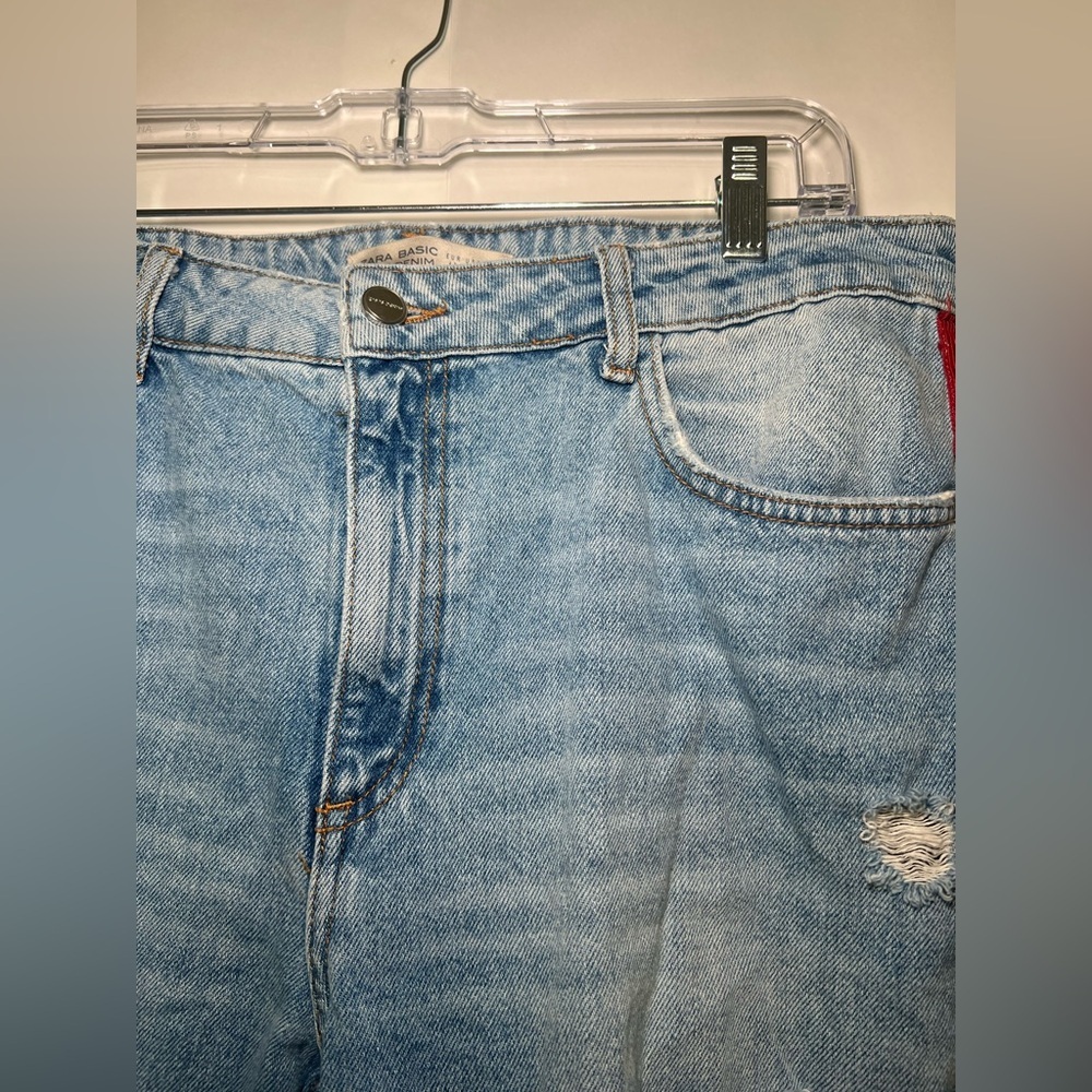 Zara Z1975 Straight‎ Leg Distressed Blue Jeans W/ Red White & Blue Stripe SZ 10 - Picture 8 of 10